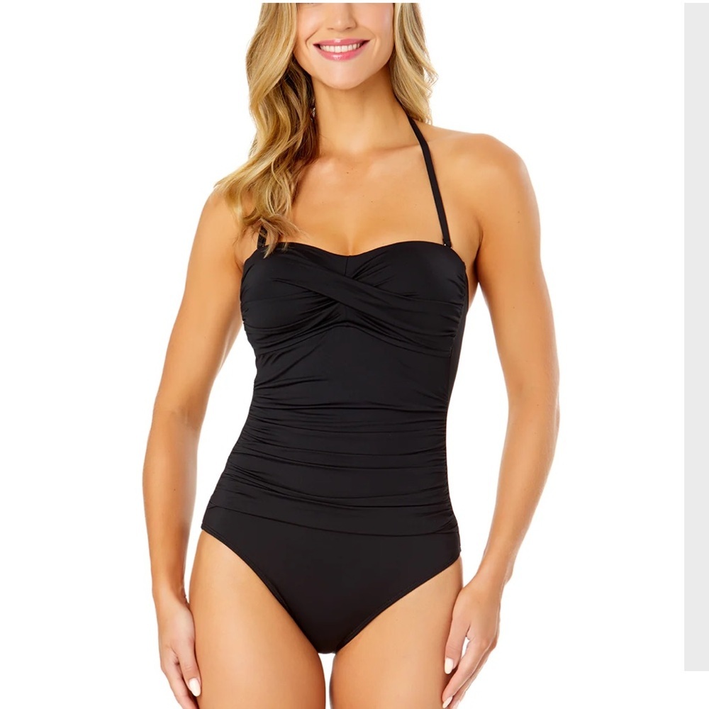 NWT Anne Cole Swimsuit One Piece Black Twist Front Shirred Women's Size 14